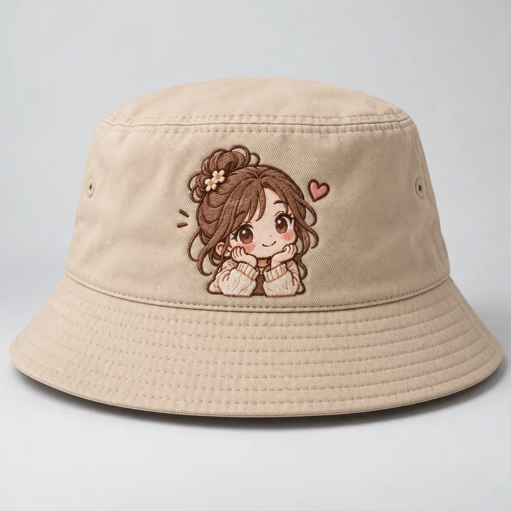 BUJE Bej Chibi Kız Nakışlı Bucket Şapka