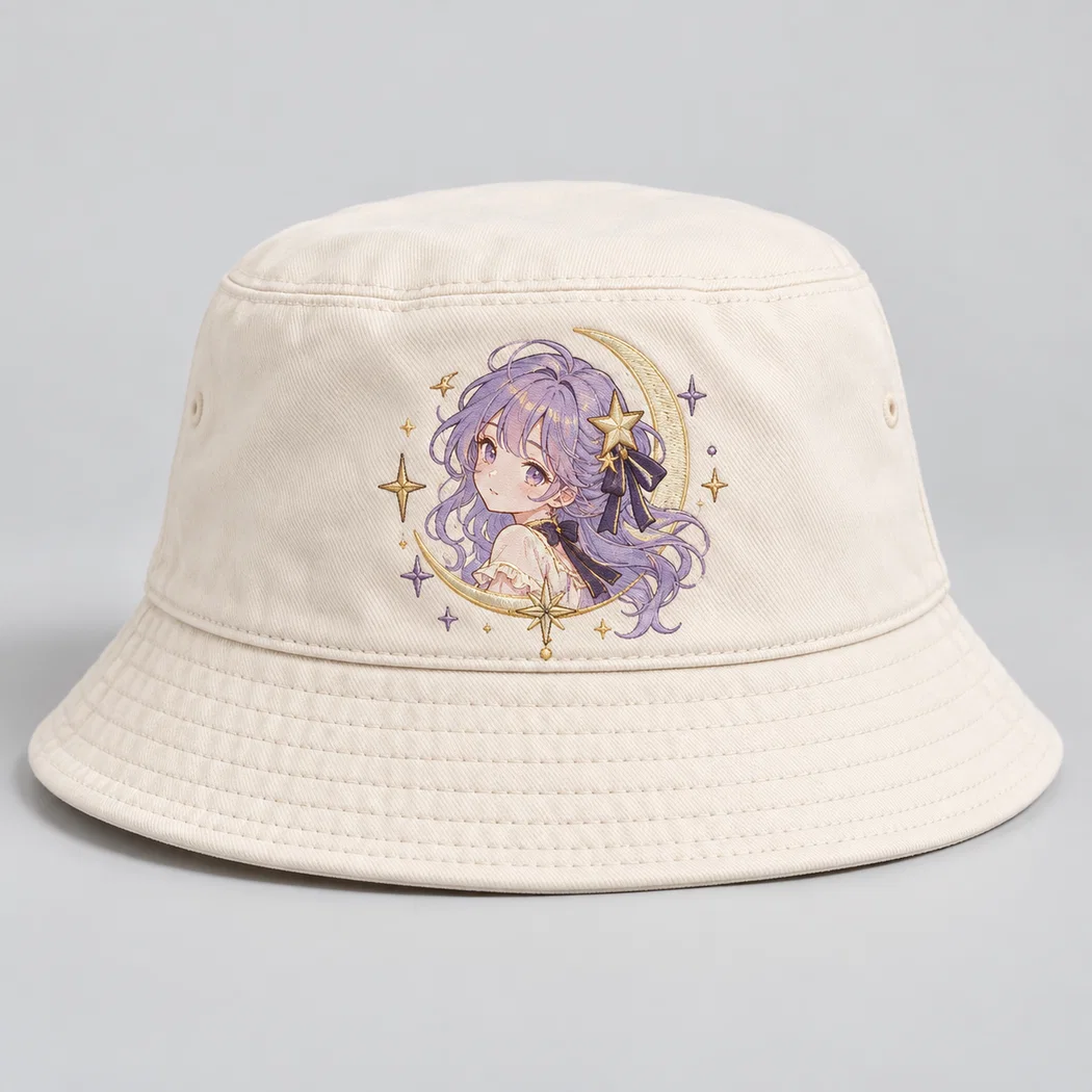 BUJE Krem Ay Işığı Anime Kız Nakışlı Bucket Şapka