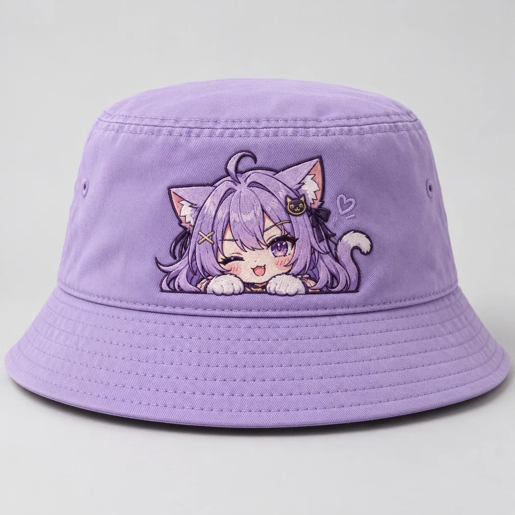BUJE Lavanta Anime Kedi Kız Nakışlı Bucket Şapka