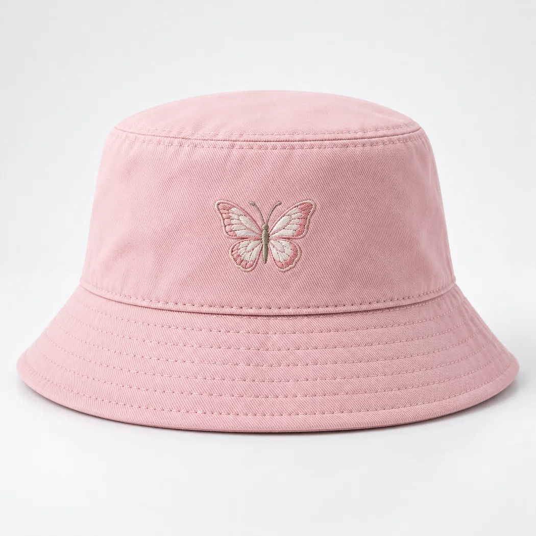 BUJE Pastel Pembe Minimal Kelebek Nakışlı Bucket Şapka