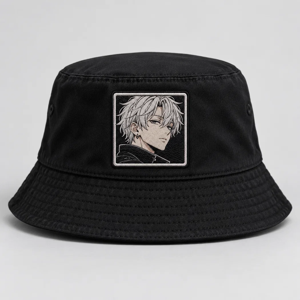 BUJE Siyah Anime Erkek Karakter Nakışlı Bucket Şapka