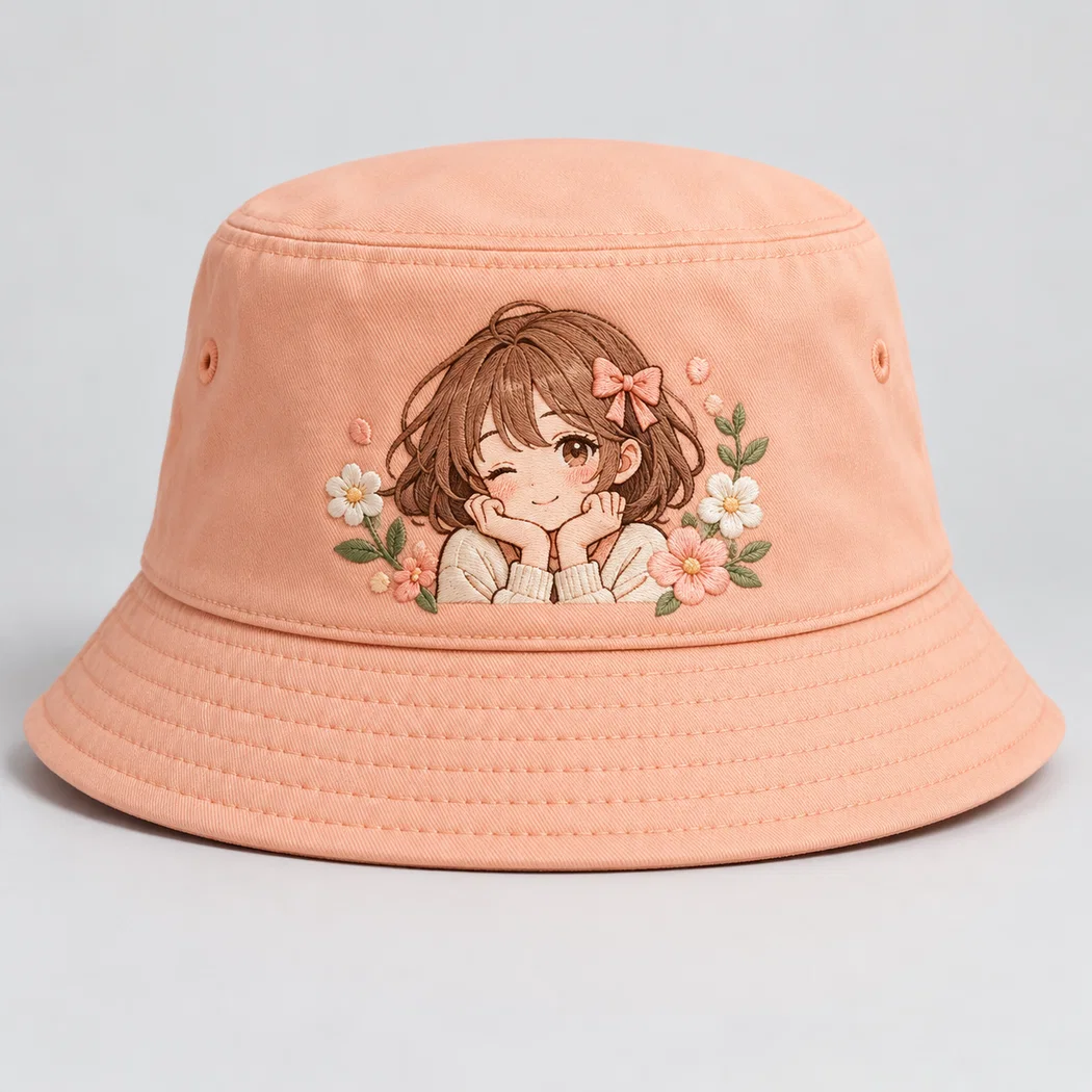 BUJE Şeftali Anime Kız Çiçek Nakışlı Bucket Şapka
