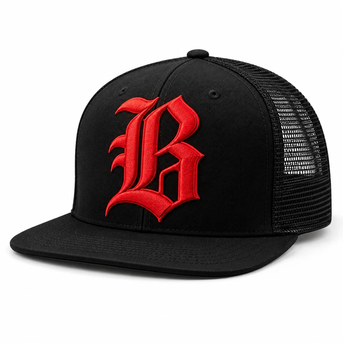 BUJE Siyah Fileli Snapback · Kırmızı Gotik B Nakışı