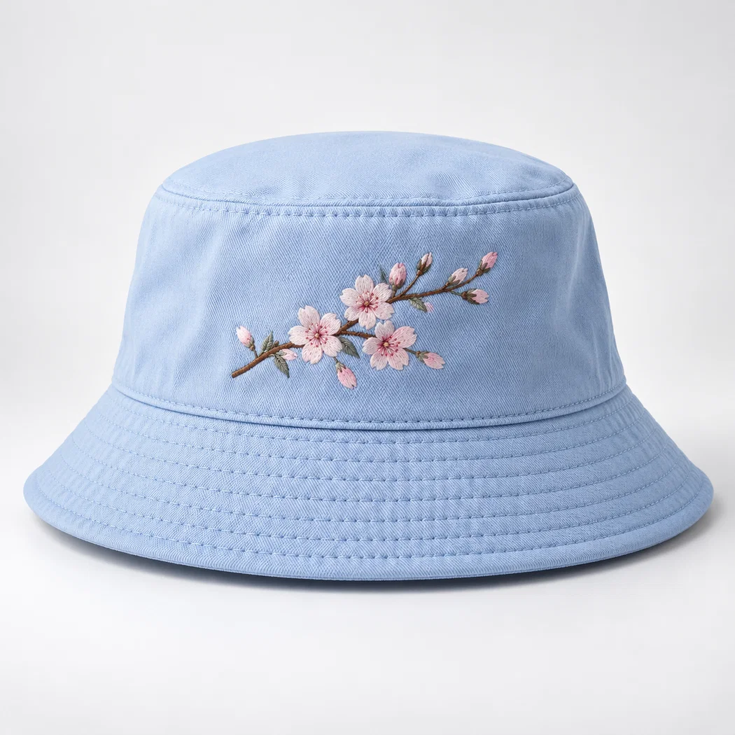 BUJE Pastel Mavi Sakura Nakışlı Bucket Şapka